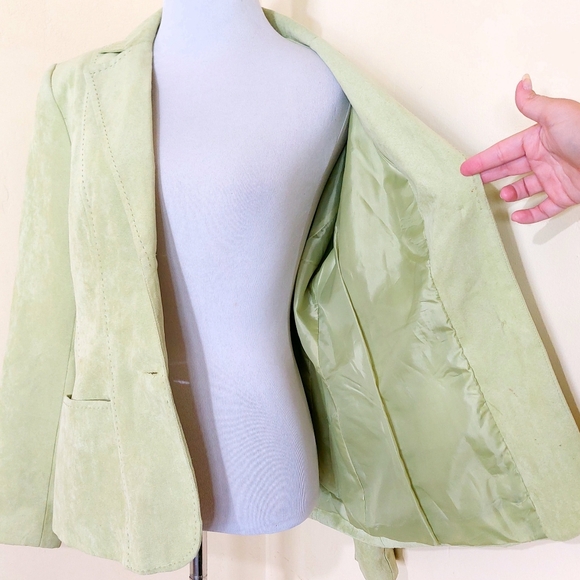 Vintage 90s Kim Rogers Chunky Stitch Lime Green Workwear Blazer Jacket - Picture 8 of 14